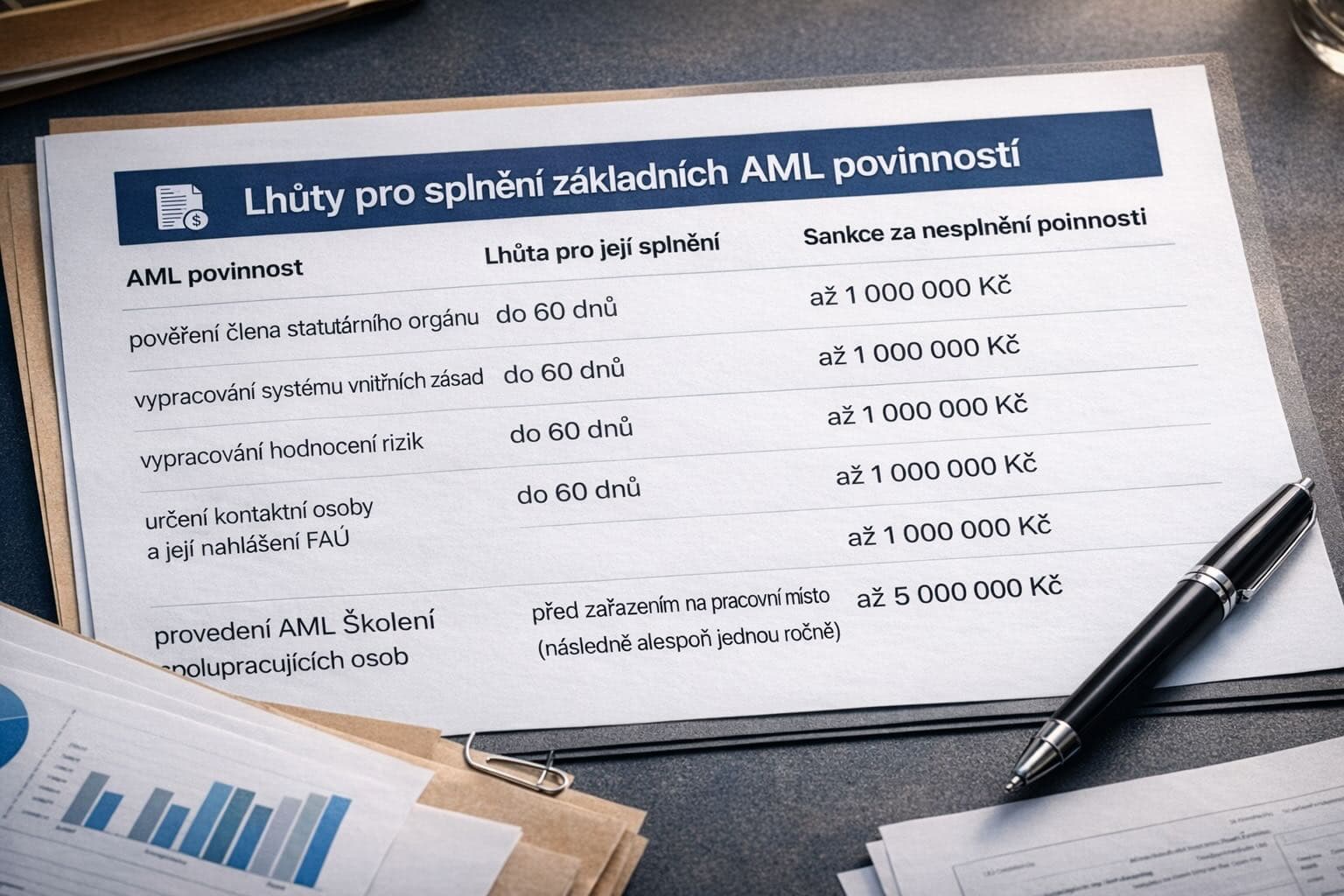 Přehledová tabulka: Lhůty pro splnění základních AML povinností a sankce za nesplnění